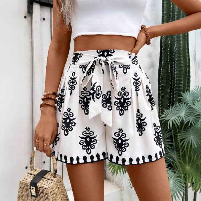 Womens Casual Versatile Printed Slim-fit Wide-leg Shorts