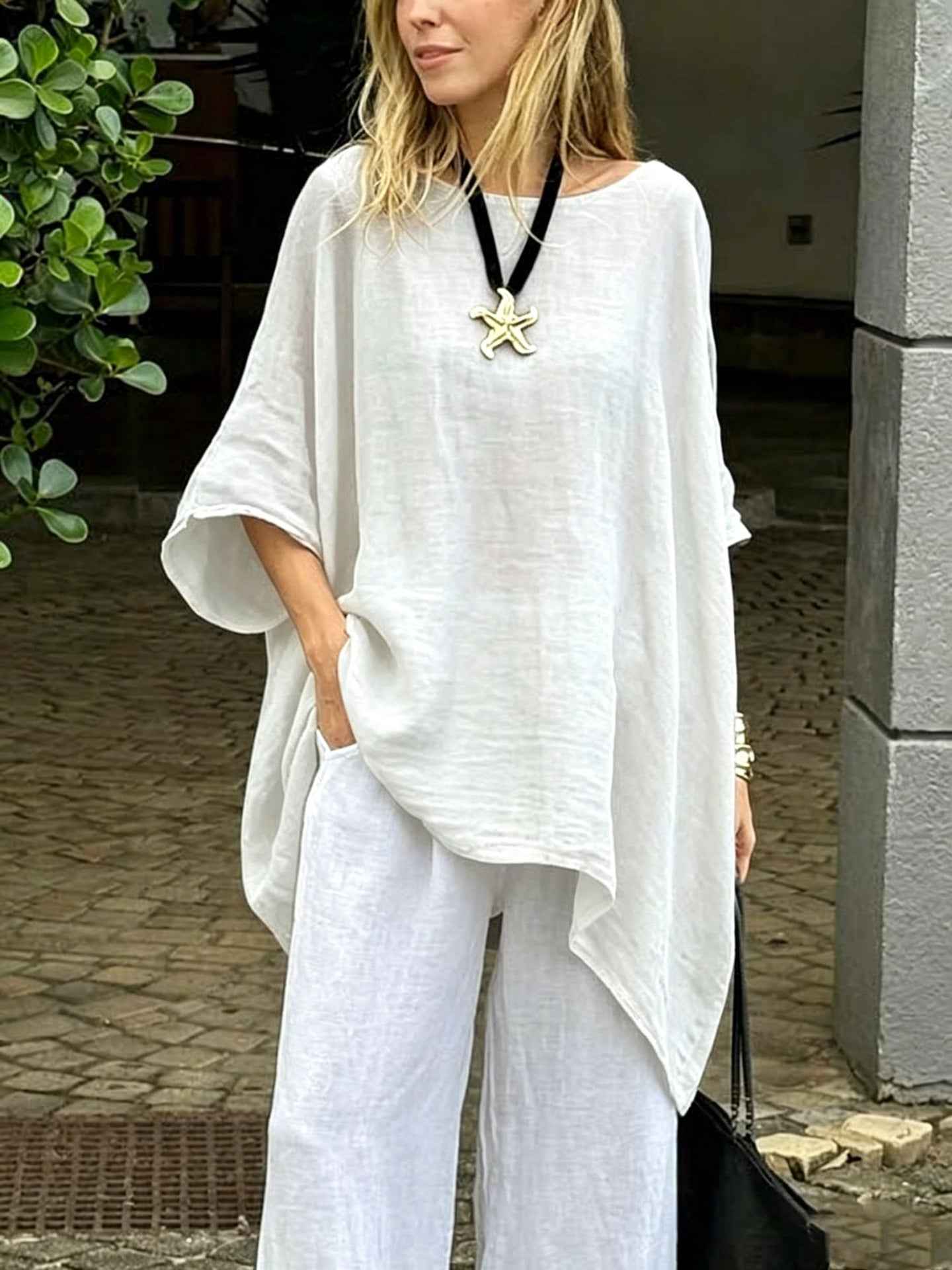 Women’s Asymmetric Hem Casual Top – 3/4 Sleeve Round-Neck | S–3XL