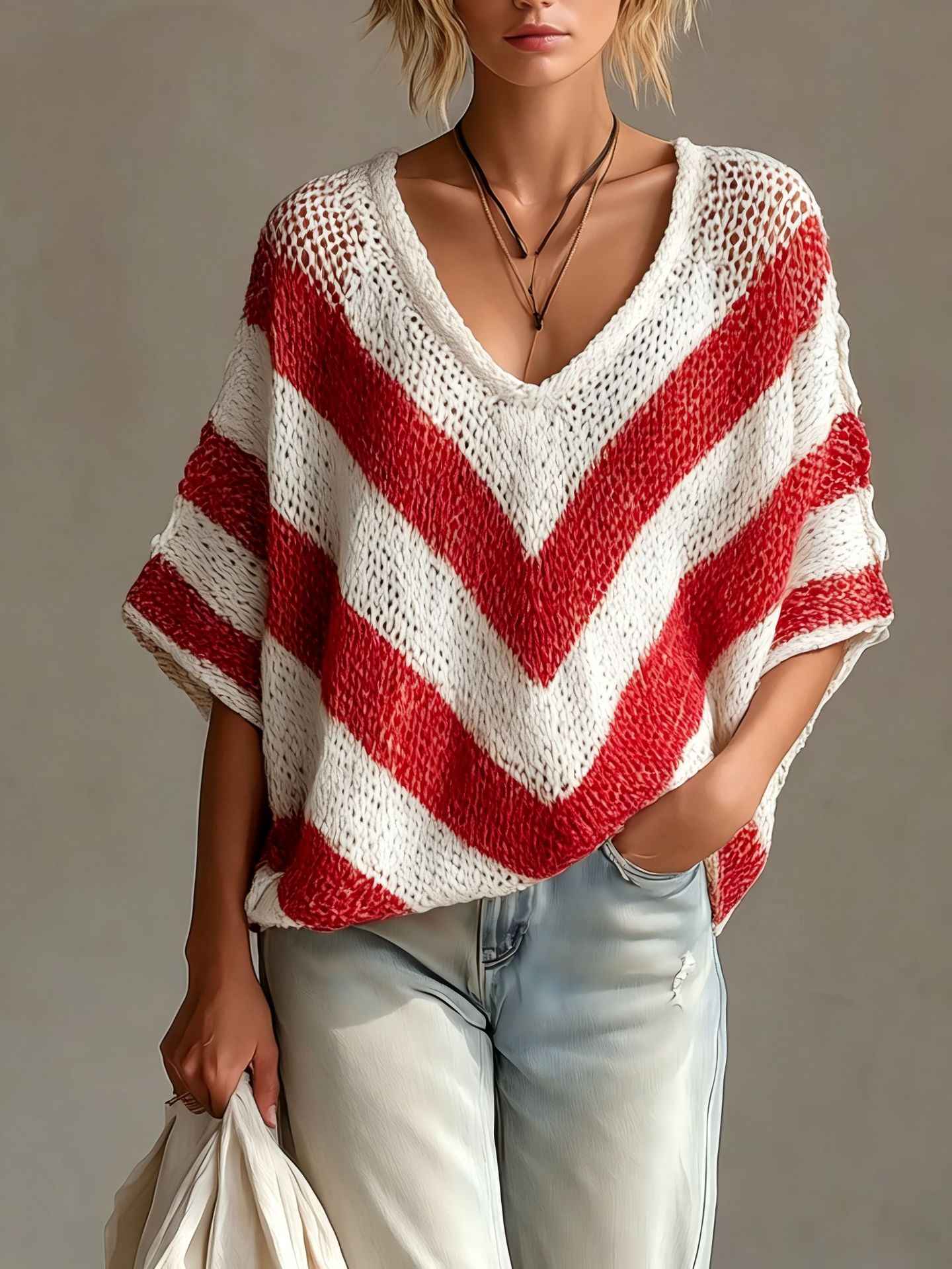 Drop Shoulder Knit Sweater – Loose Fit Three-Quarter Sleeve