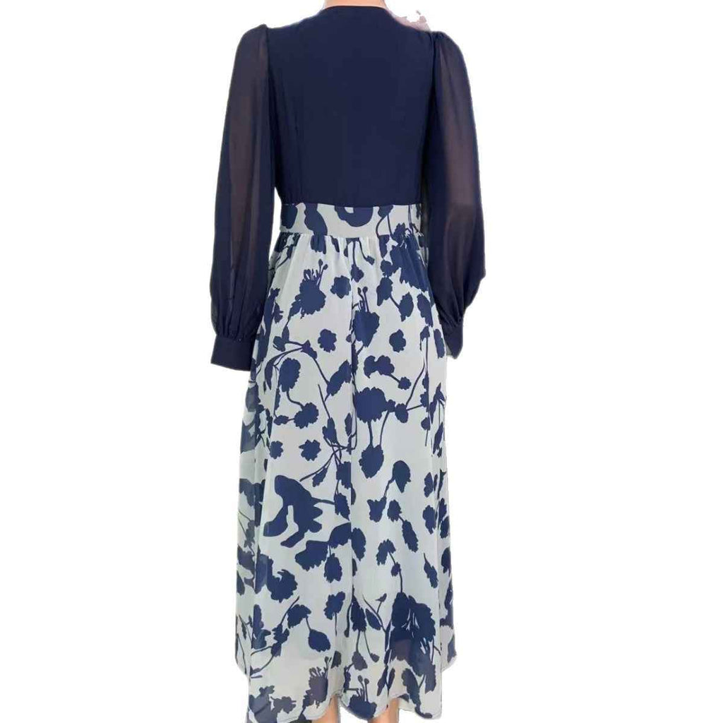 Women's Floral Print Puff Sleeve A-Line Midi Dress — High Waist & Flared