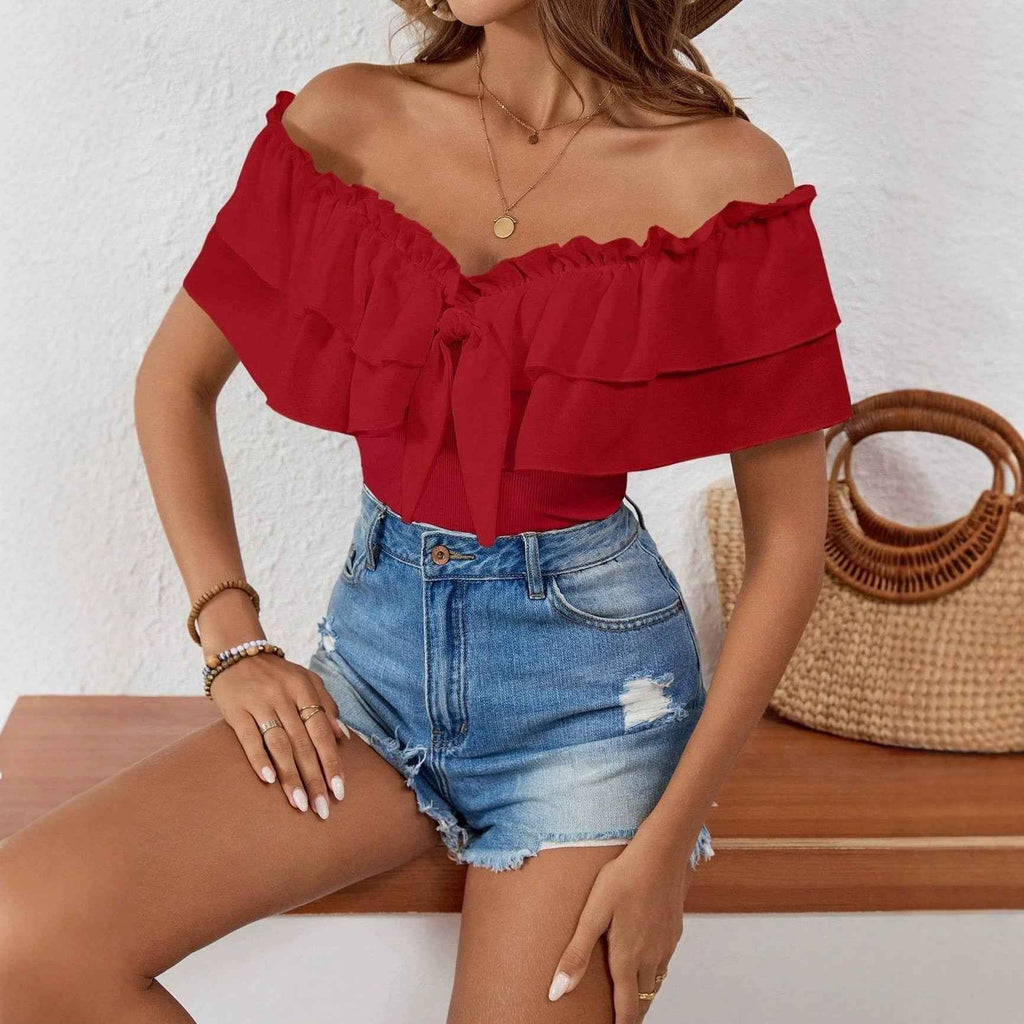 Off-Shoulder Ruffle Top — Tie Belt, Slim Fit Pullover