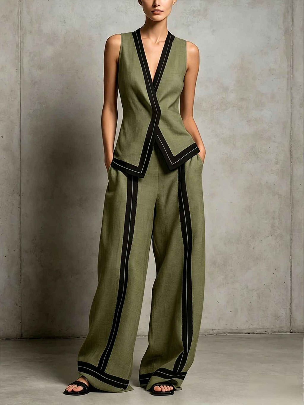 V-Neck Tank Top & Wide-Leg Pants Set — Casual Two-Piece