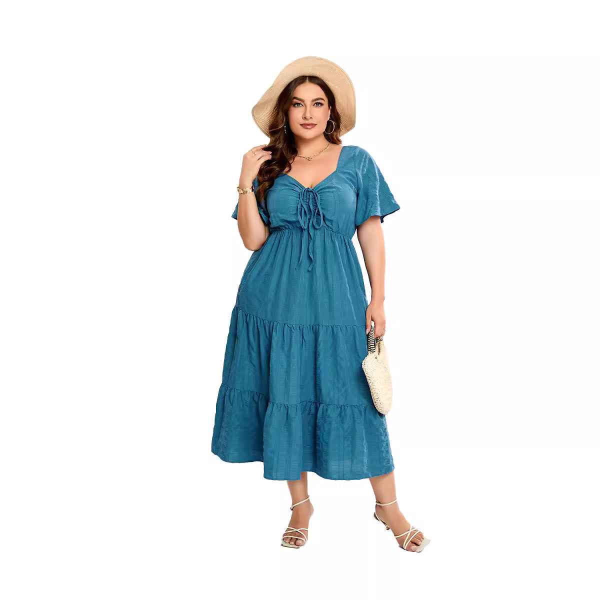 V-Neck Drawstring Waist A-Line Midi Dress – Plus Size