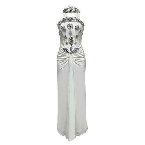 Rhinestone Ruched Halter-Neck Wrap Slim-Fit Maxi Pencil Dress