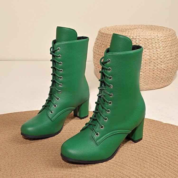 Womens Fashionable Block-heeled Lace-up Boots In Large Sizes