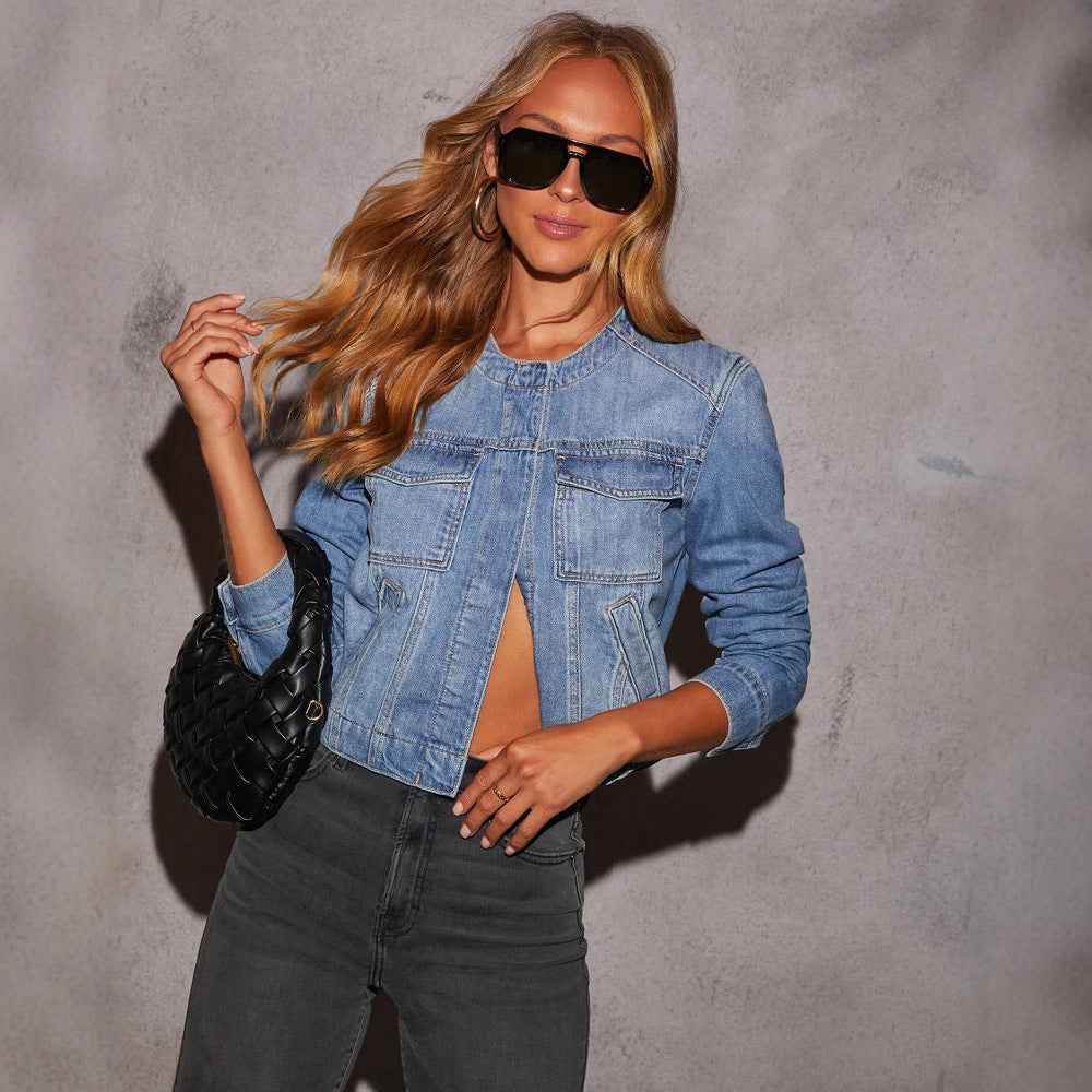Cropped Collarless Denim Jacket — Long Sleeve, Blue, S–2XL