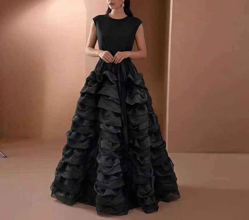 A-Line Floor-Length Multi-Layer Ruffle Colour-Block Maxi Dress