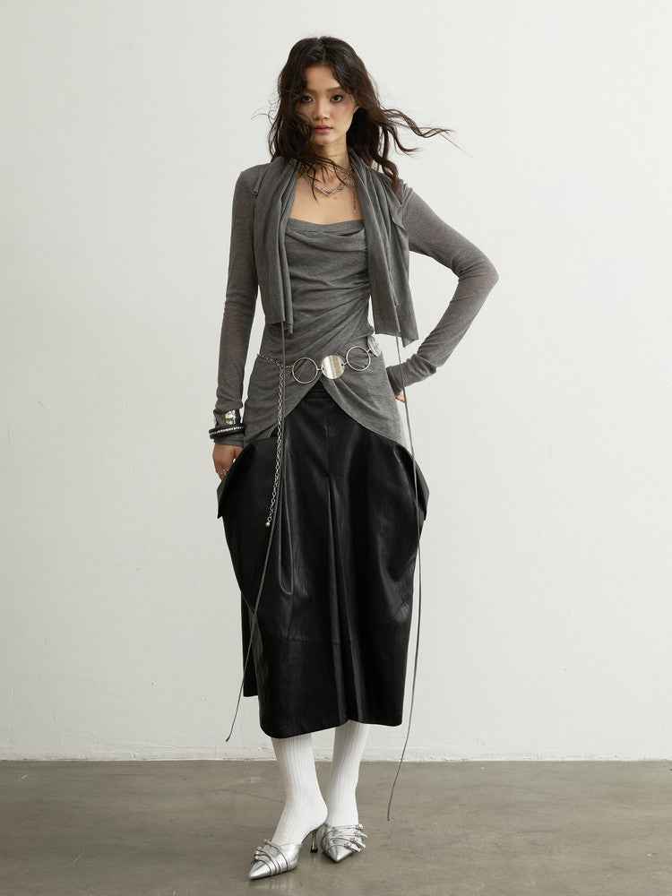 Women’s Pleated Long-Sleeve Blouse – Sculptural Drape Top in Grey | S–L