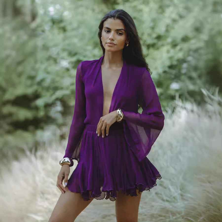 Long-Sleeve Deep V-Neck Slim Mini Dress