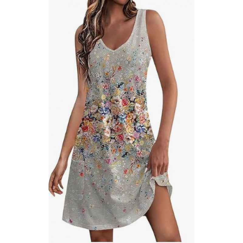 Sleeveless Loose-Fit Printed V-Neck Casual Dress