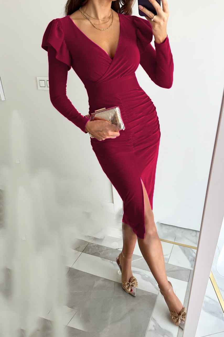Womens Fashion V-Neck Defined Waistline Slit Long-Sleeve Dress