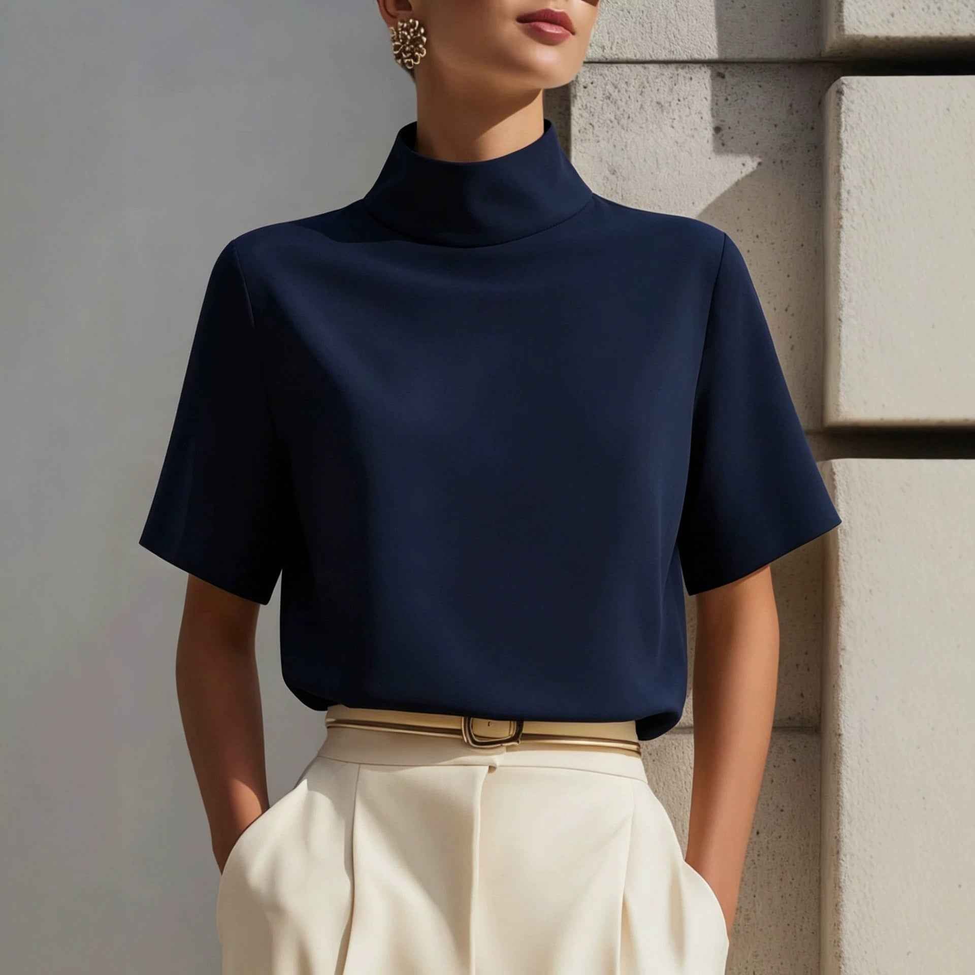 Womens Solid-color Versatile New Chinese-style Mandarin-collar Top