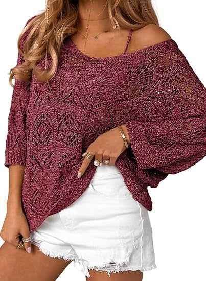 Crochet Hollowed-Out Three-Quarter-Sleeve Pullover Sweater
