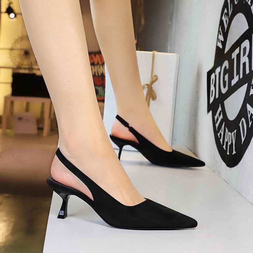 Suede Pointed-toe Peep-toe Slingback Plain High-heeled Womens Shoes
