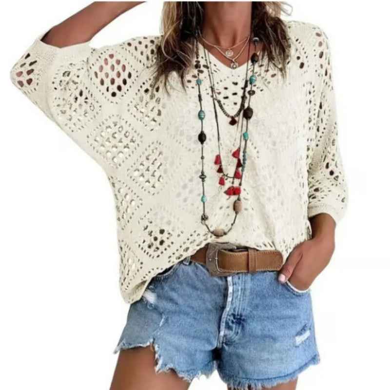 V-Neck Diamond Openwork Batwing Sleeve Sweater — 5 Colours