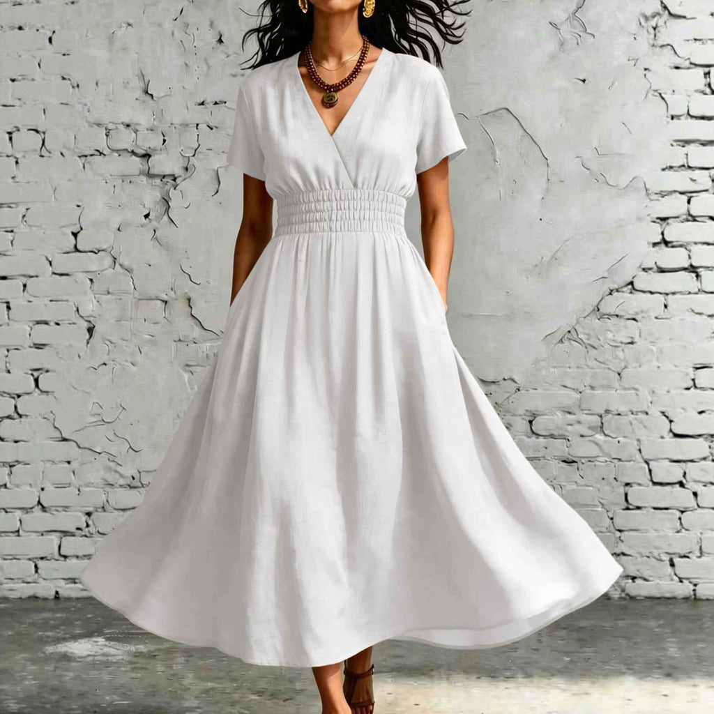 V-Neck Flared Sleeve Midi Dress – Elastic Waist