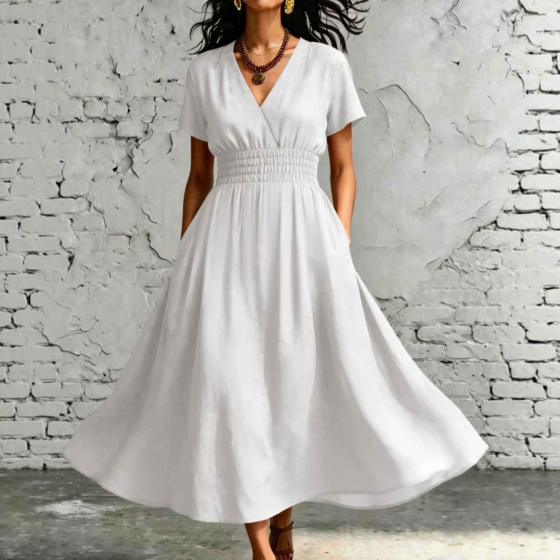 V-Neck Flared Sleeve Midi Dress – Elastic Waist
