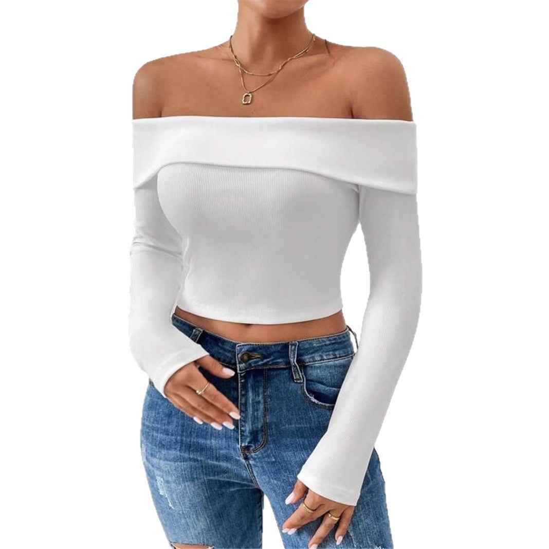 Off-shoulder Slim-fit Versatile Short-sleeved T-shirt With A Boat Neckline