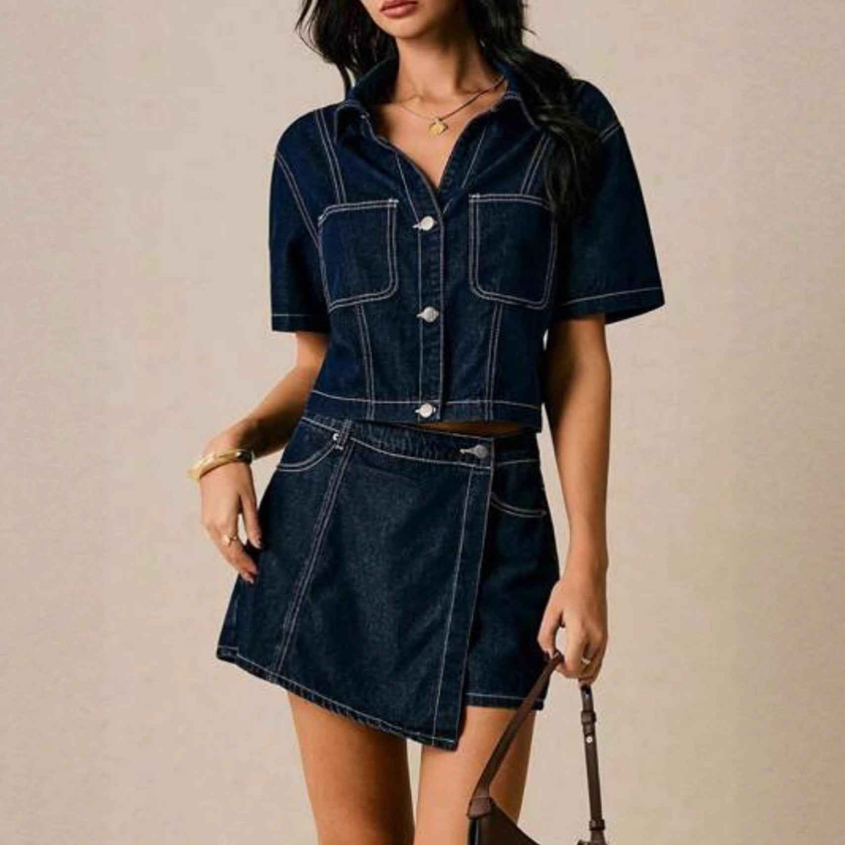 Loose And Comfortable Denim Shirt-Dress And Pants Set