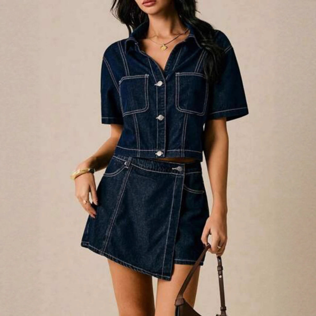 Short-Sleeve Denim Shirt & Skirt Two-Piece Set
