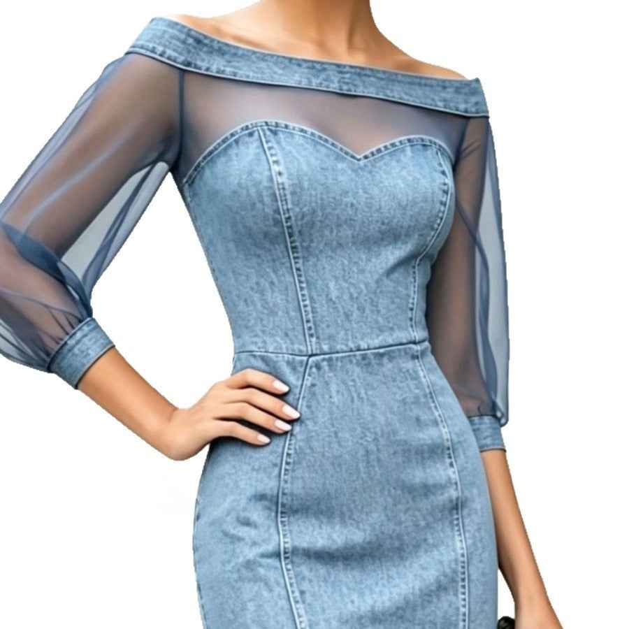 Women's Off-Shoulder Mesh-Panel Denim Midi Dress