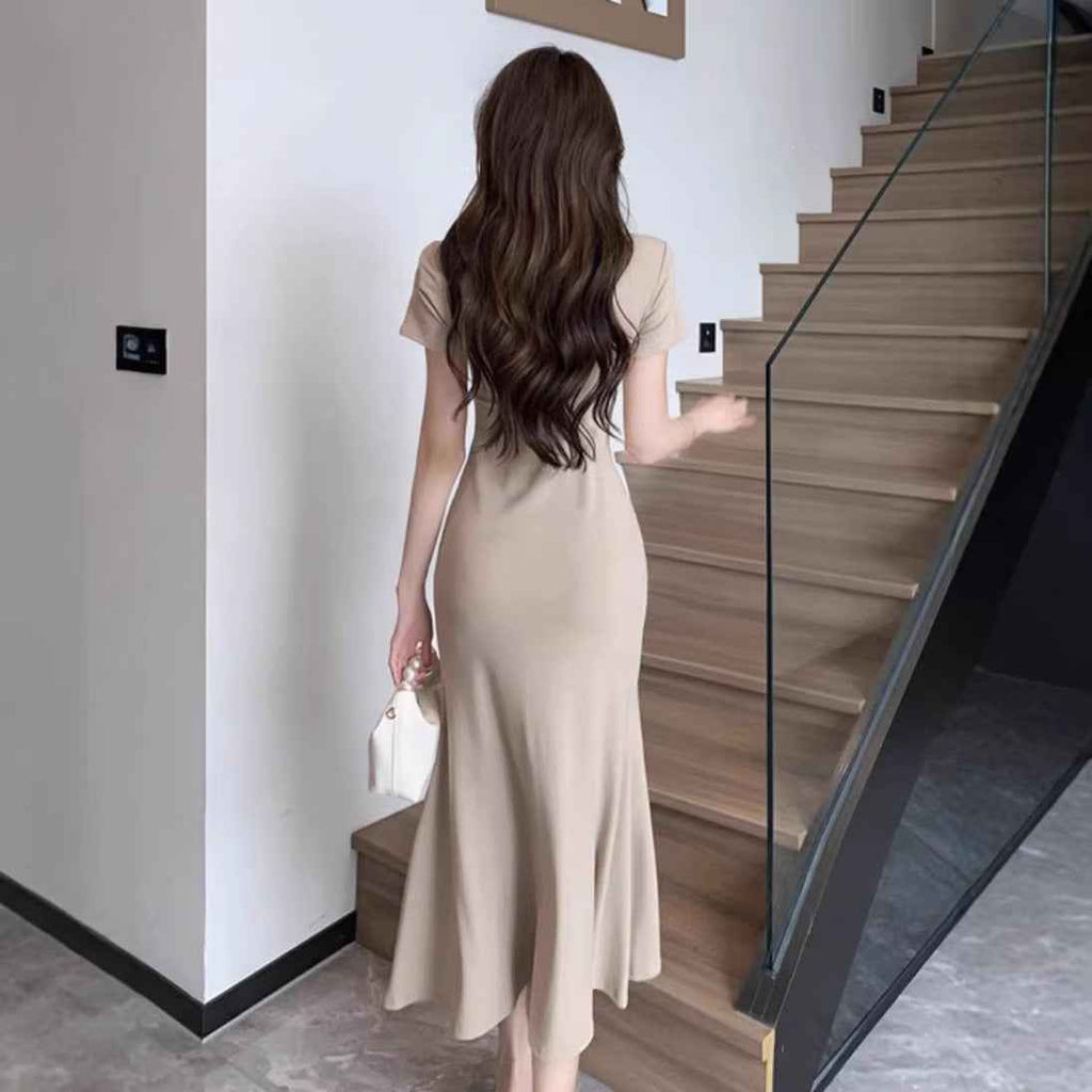 Three-Quarter Sleeve Square-Neck Patchwork Slim-Fit Slit Dress