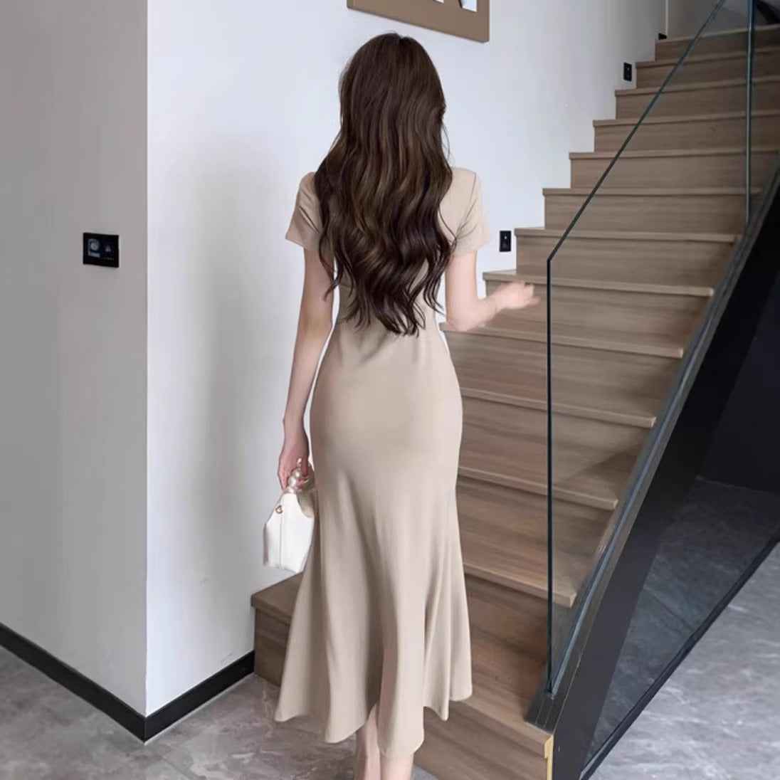 Three-Quarter Sleeve Square-Neck Patchwork Slim-Fit Slit Dress