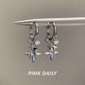 Sweet & Cool Style Blue Sparkling Rhinestone Eight-Pointed Star Drop Earrings For Women, Fashion Versatile Elegant Star Pendant Huggie Ear Jewelry
