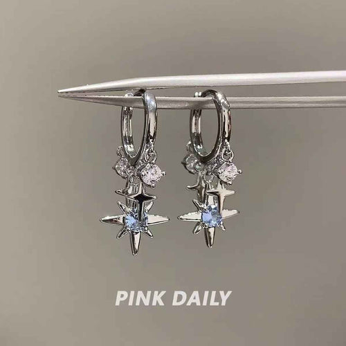 Sweet & Cool Style Blue Sparkling Rhinestone Eight-Pointed Star Drop Earrings For Women, Fashion Versatile Elegant Star Pendant Huggie Ear Jewelry