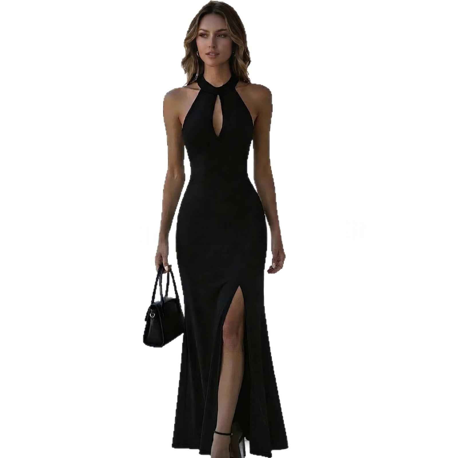 Sleeveless Halter Neck Patchwork Slim-Fit Maxi Dress with Side Slit