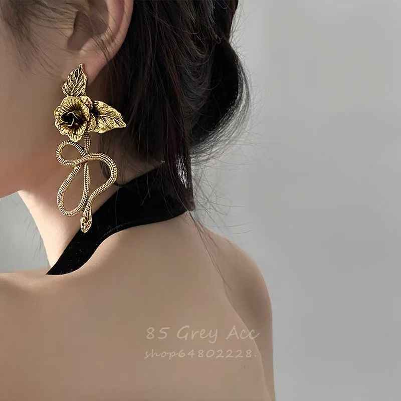 Snake & Flower Dangle Earrings – Bold European Niche Jewelry