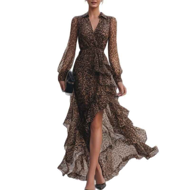Women's Printed V-Neck Asymmetric Dress with Ruffled Hem
