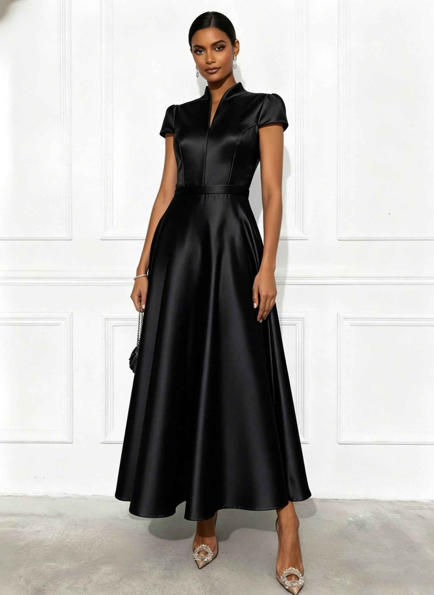 Short-Sleeve Patchwork Swing Dress – Women's High Waist A-Line Maxi Dress