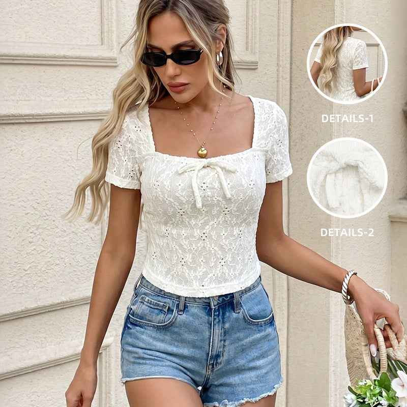 White Square-neck Jacquard Short-sleeve Top With A Bow Perfect For A Relaxed Vacation Look