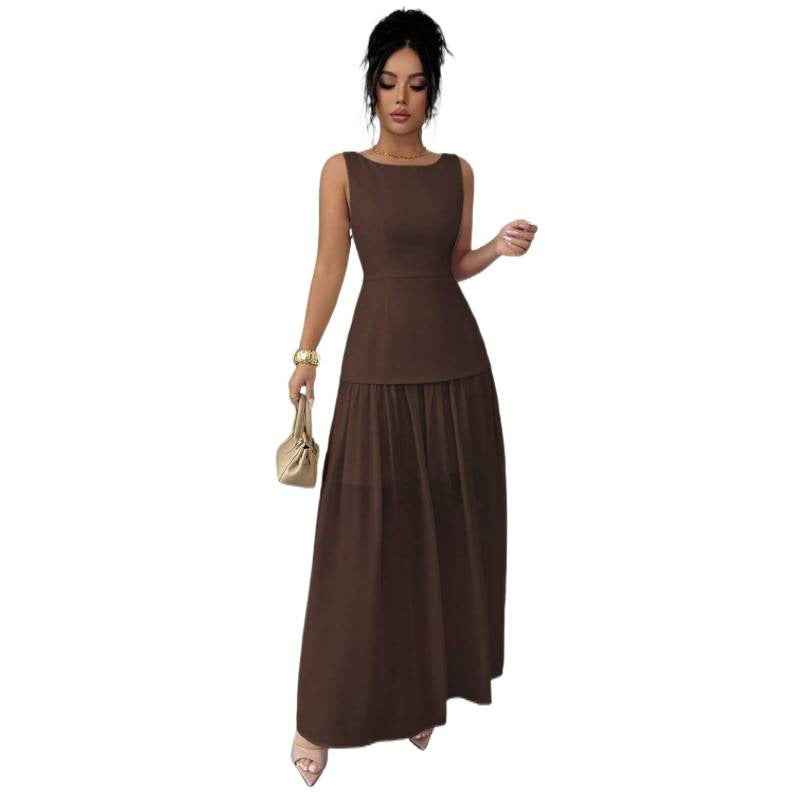 Colour-Block Sleeveless A-Line Midi Dress – High Waist Boat Neck