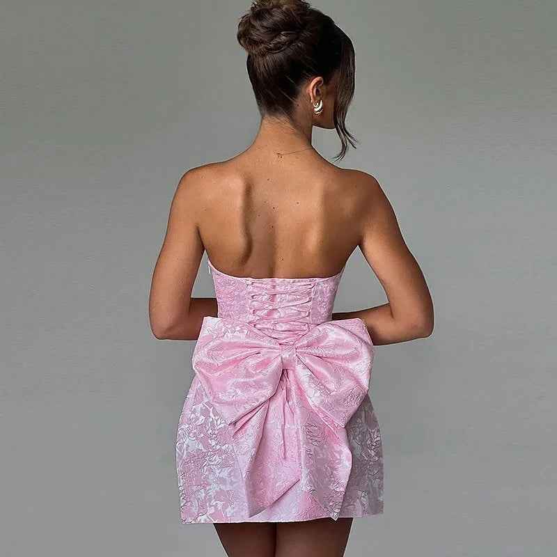 Off-Shoulder High-Waist Jacquard Tube Mini Dress with Bow Accent