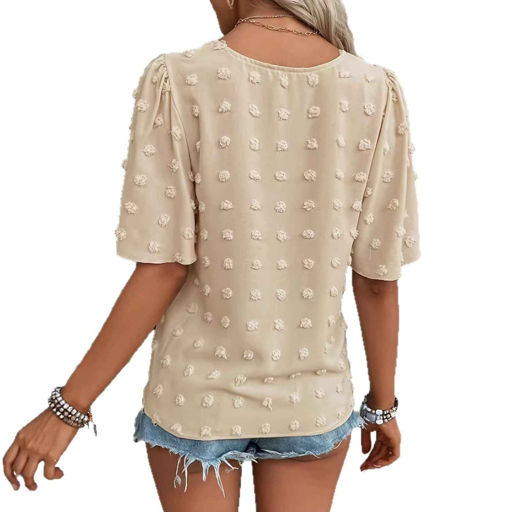 V-Neck Lace-Trim Swiss Dot Blouse – Loose Fit Short Sleeve Top
