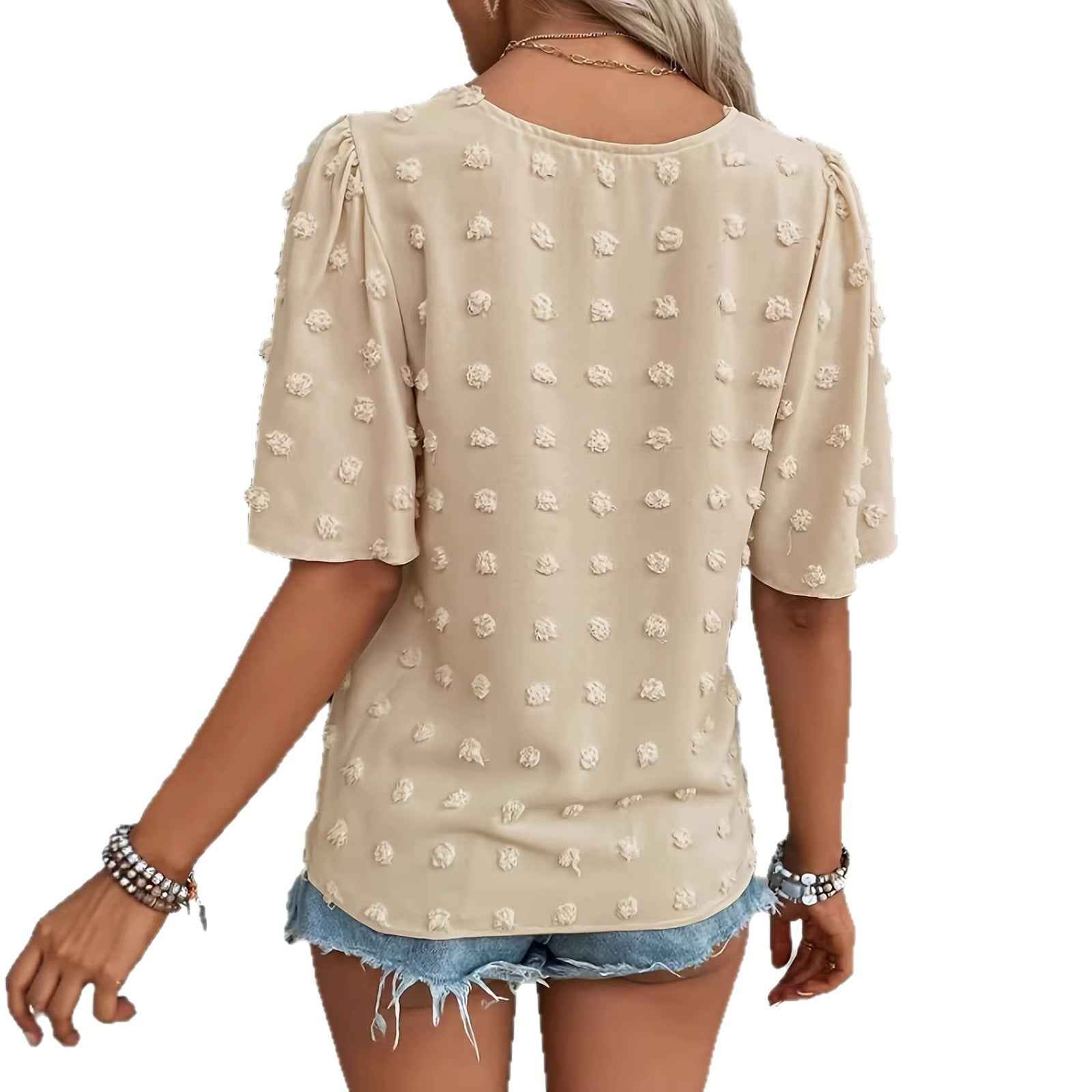 V-Neck Lace-Trim Swiss Dot Blouse – Loose Fit Short Sleeve Top