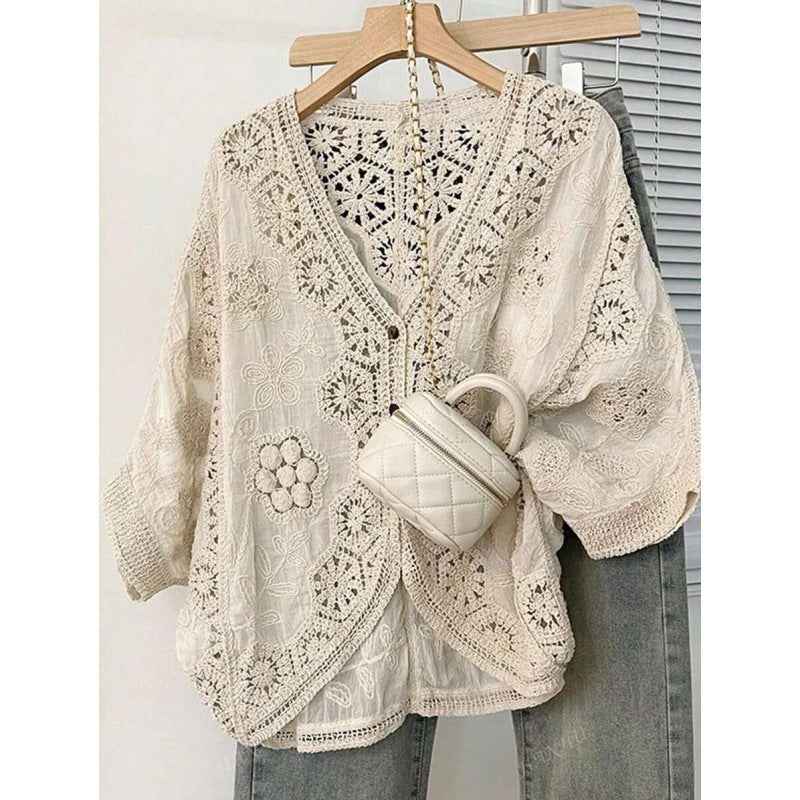 Crochet Lace Sun-Protective Shirt – One-Shoulder Batwing Sleeve