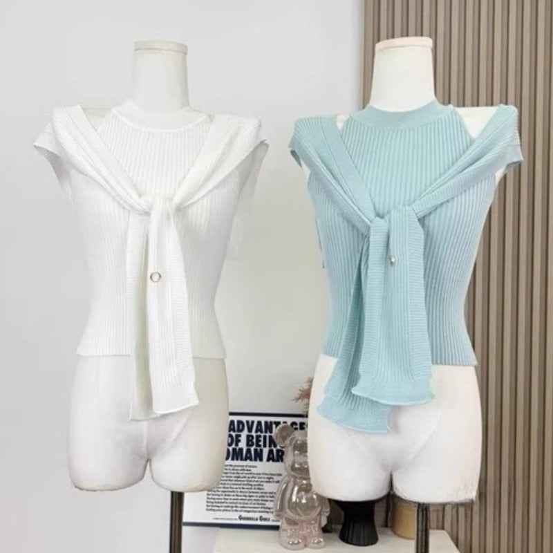 Women's Knit Vest & Shawl Two-Piece Set – Sleeveless Pullover Top