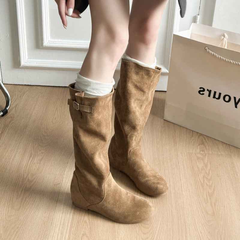 Pointed Toe Slip-On Boots — Chunky Low Heel, Buckle Detail, Korean Style