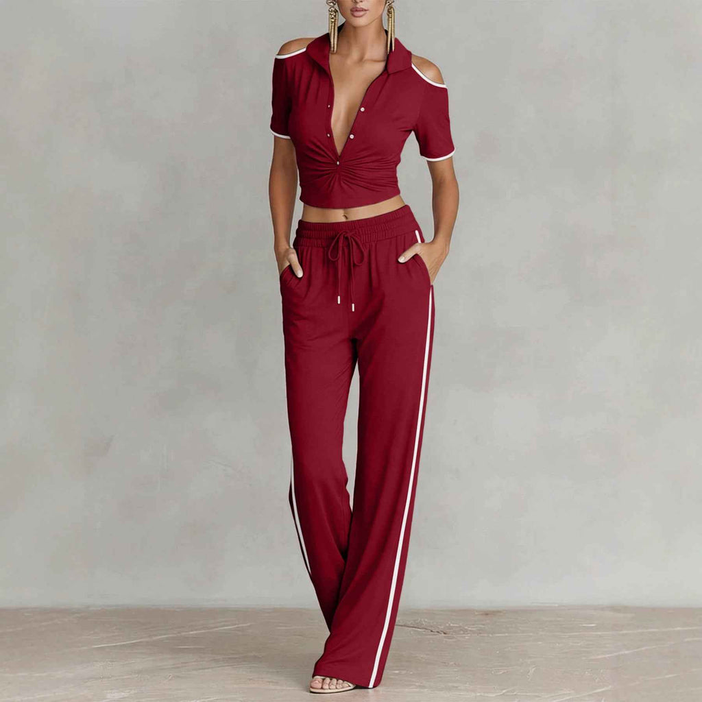 Chic And Stylish V-neck Color-block Casual Sporty Pants Set