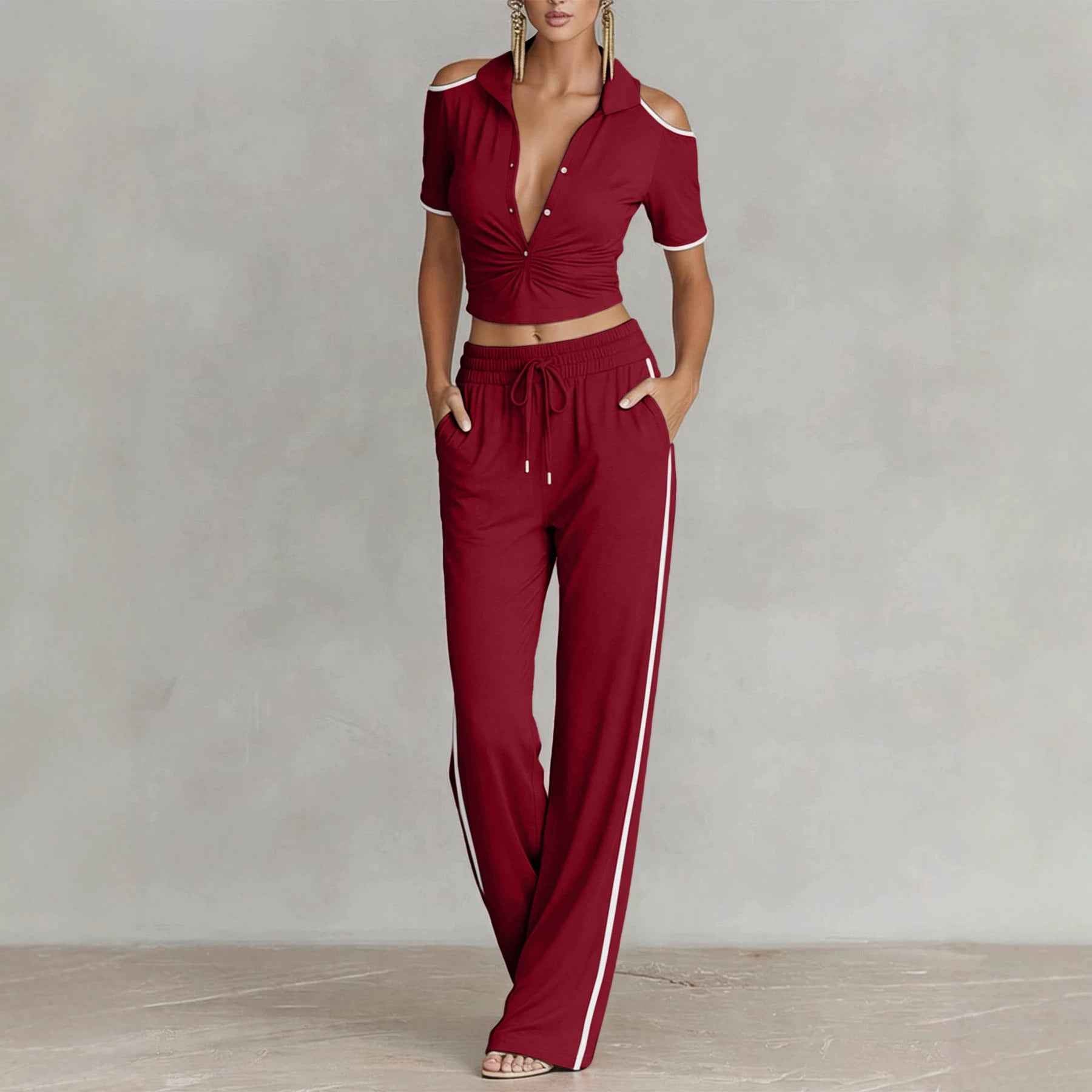 Chic And Stylish V-neck Color-block Casual Sporty Pants Set