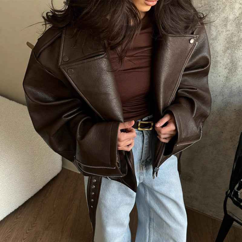 Lace-Up Turn-Down Collar Leather Jacket — Dark Brown
