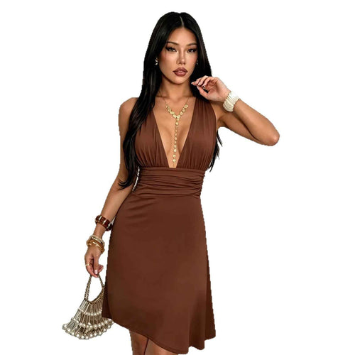 Deep V Halter Neck A-Line Mini Dress
