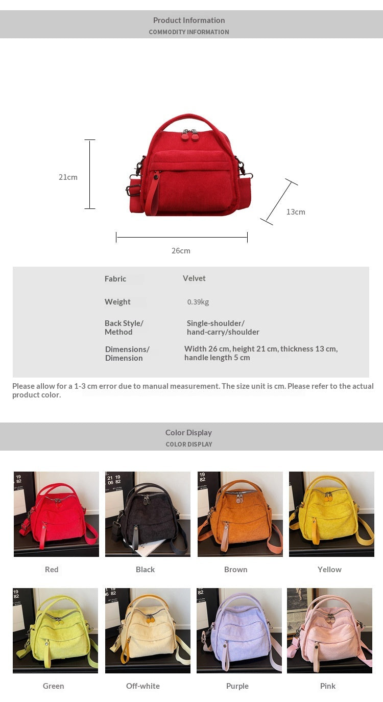 Red velvet multiway bag size and colour guide; 26 cm wide, 21 cm high, 13 cm deep, 5 cm handle, 390 g