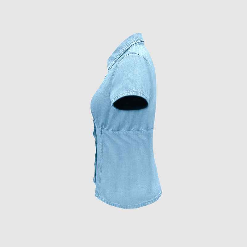 Figure-flattering Waist-cinching Single-breasted Denim Short-sleeve Shirt
