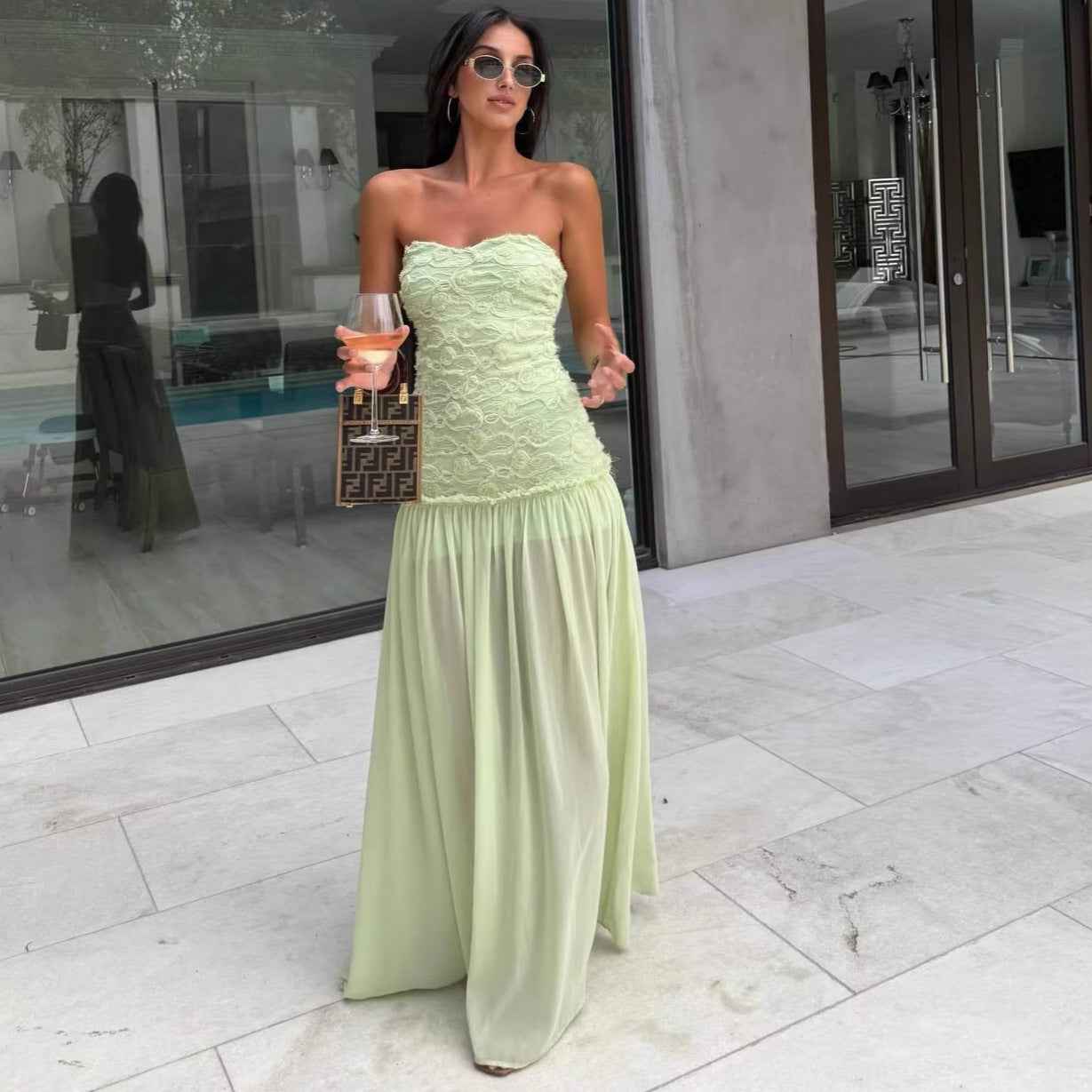 Women's 3D Floral Chiffon Maxi Dress — Slim Fit & Patchwork Detail