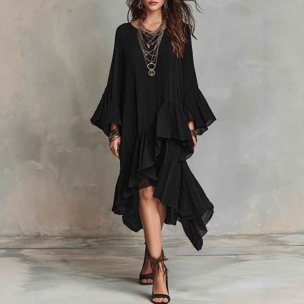 Womens Solid-color Elegant Asymmetrical Ruffled Dress