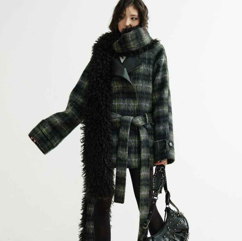 Fluffy Scarf-Collar Long Coat – Regular Fit, Green